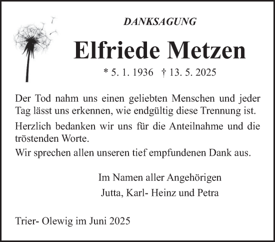 Traueranzeige von Elfriede Metzen von trierischer_volksfreund