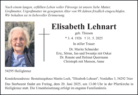 Traueranzeige von Elisabeth Lehnart von trierischer_volksfreund