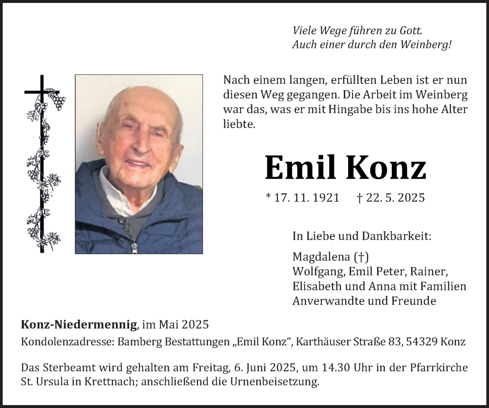  Traueranzeige für Emil Konz vom 31.05.2025 aus trierischer_volksfreund