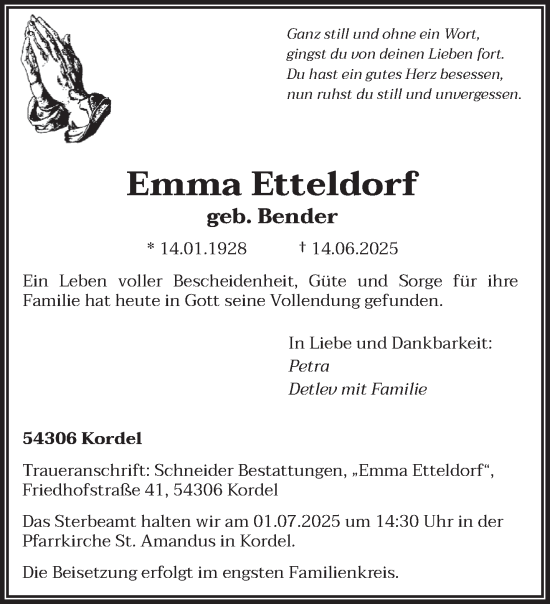 Traueranzeige von Emma Etteldorf von trierischer_volksfreund