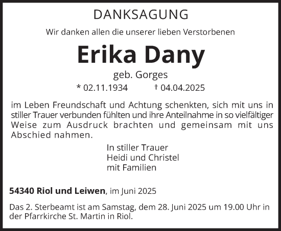 Traueranzeige von Erika Dany von trierischer_volksfreund