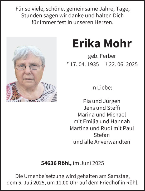 Traueranzeige von Erika Mohr von trierischer_volksfreund