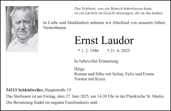 Traueranzeige von Ernst Laudor von trierischer_volksfreund