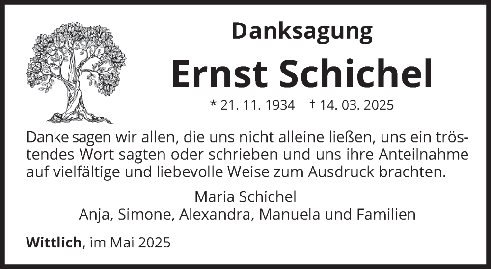  Traueranzeige für Ernst Schichel vom 31.05.2025 aus trierischer_volksfreund