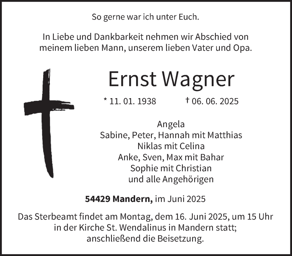  Traueranzeige für Ernst Wagner vom 11.06.2025 aus trierischer_volksfreund