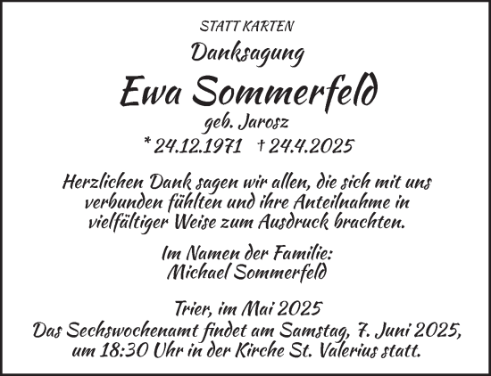 Traueranzeige von Ewa Sommerfeld von trierischer_volksfreund