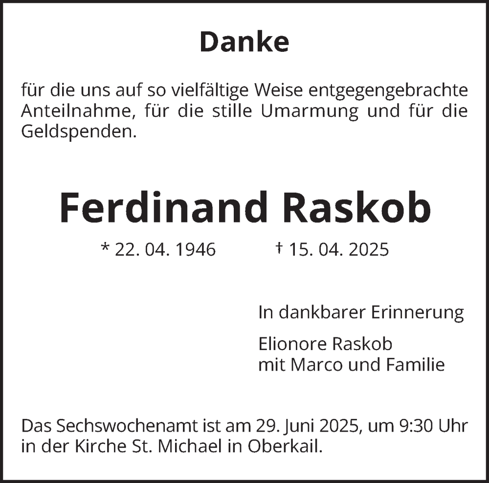  Traueranzeige für Ferdinand Raskob vom 25.06.2025 aus trierischer_volksfreund