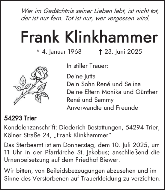 Traueranzeige von Frank Klinkhammer von trierischer_volksfreund