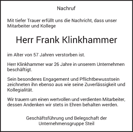 Traueranzeige von Frank Klinkhammer von trierischer_volksfreund