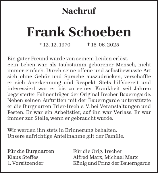 Traueranzeige von Frank Schoeben von trierischer_volksfreund