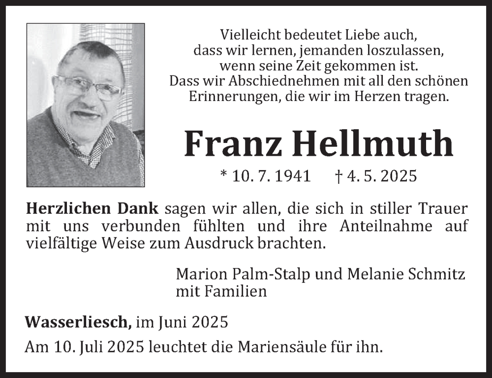  Traueranzeige für Franz Hellmuth vom 14.06.2025 aus trierischer_volksfreund
