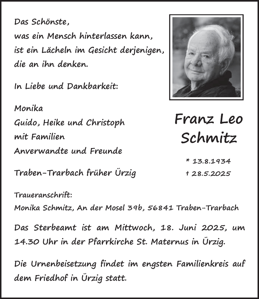  Traueranzeige für Franz Leo Schmitz vom 17.06.2025 aus trierischer_volksfreund