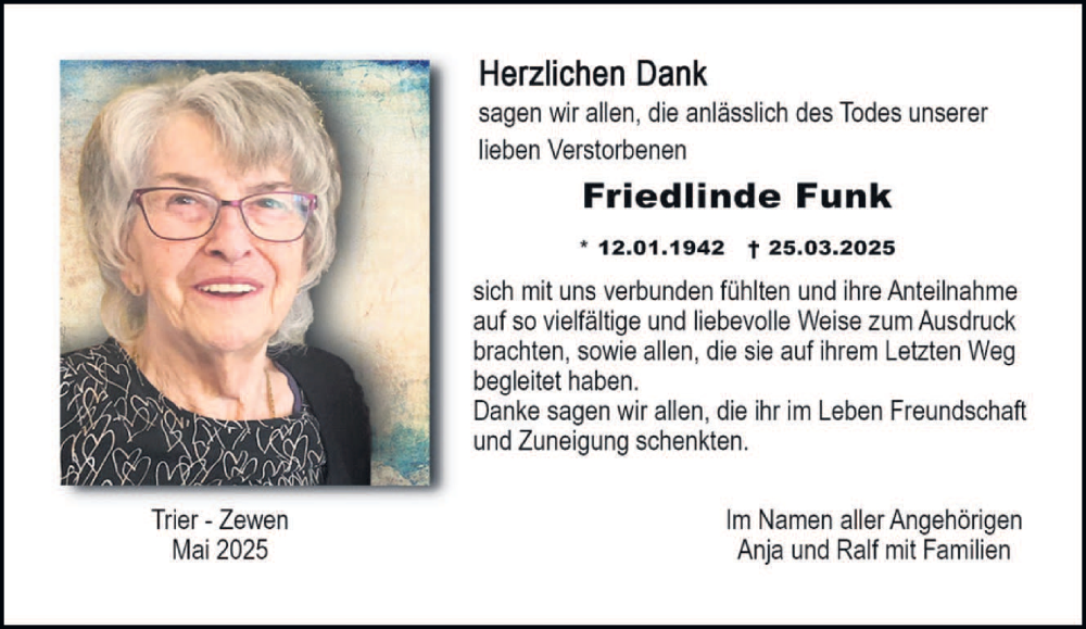  Traueranzeige für Friedlinde Funk vom 31.05.2025 aus trierischer_volksfreund