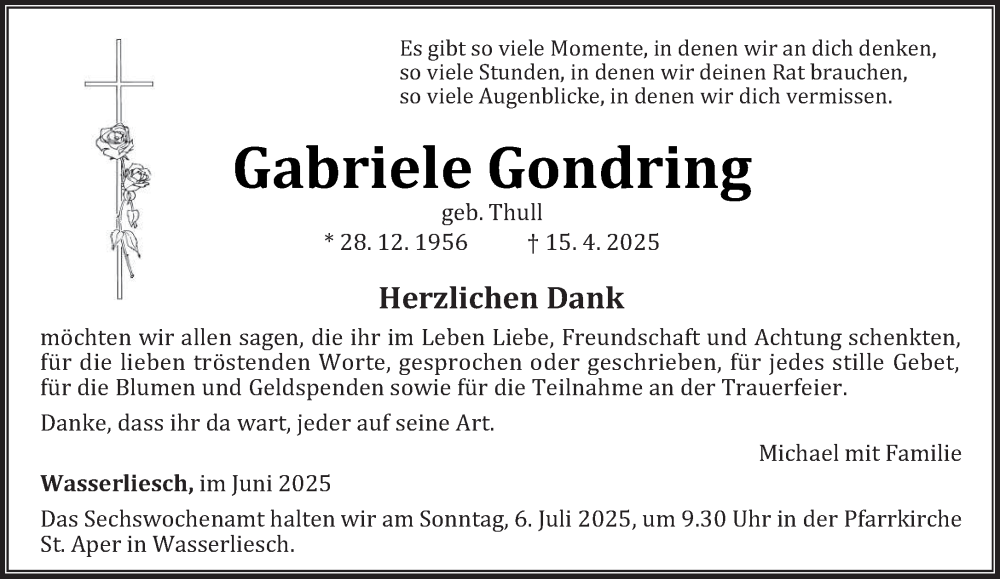  Traueranzeige für Gabriele Gondring vom 28.06.2025 aus trierischer_volksfreund