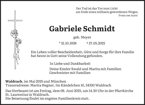 Traueranzeige von Gabriele Schmidt von trierischer_volksfreund