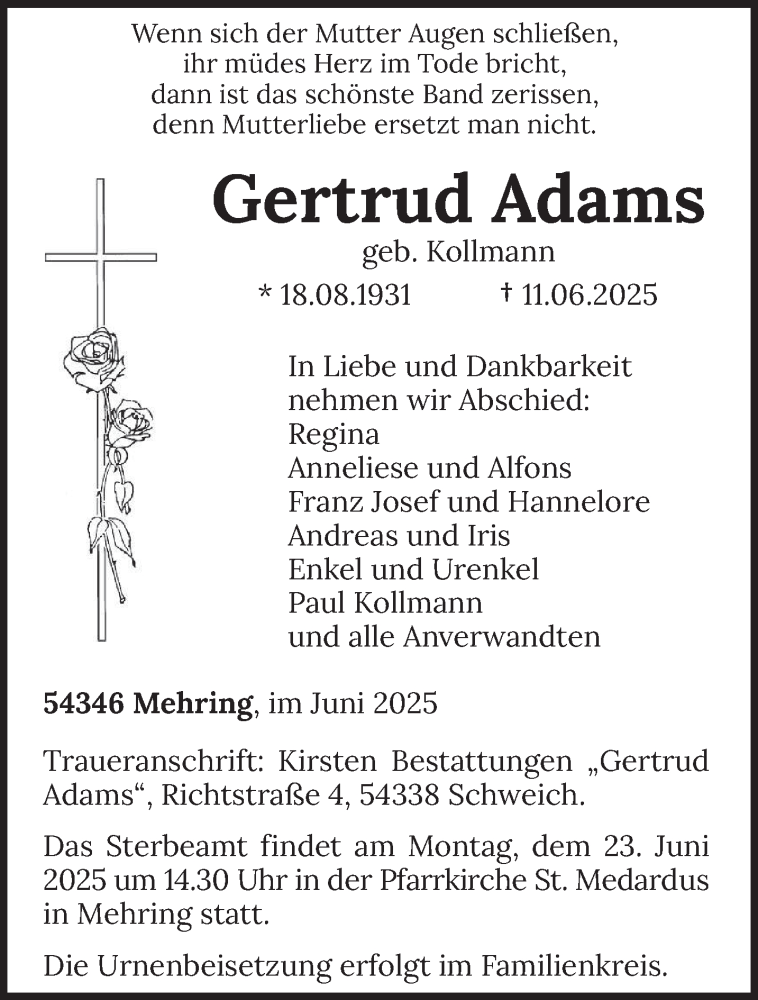  Traueranzeige für Gertrud Adams vom 18.06.2025 aus trierischer_volksfreund