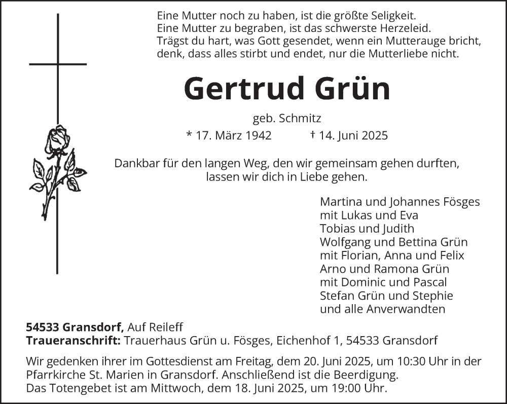  Traueranzeige für Gertrud Grün vom 17.06.2025 aus trierischer_volksfreund