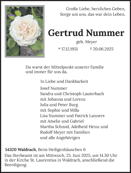 Traueranzeige von Gertrud Nummer von trierischer_volksfreund