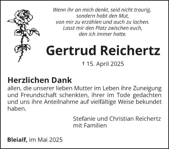 Traueranzeige von Gertrud Reichertz von trierischer_volksfreund