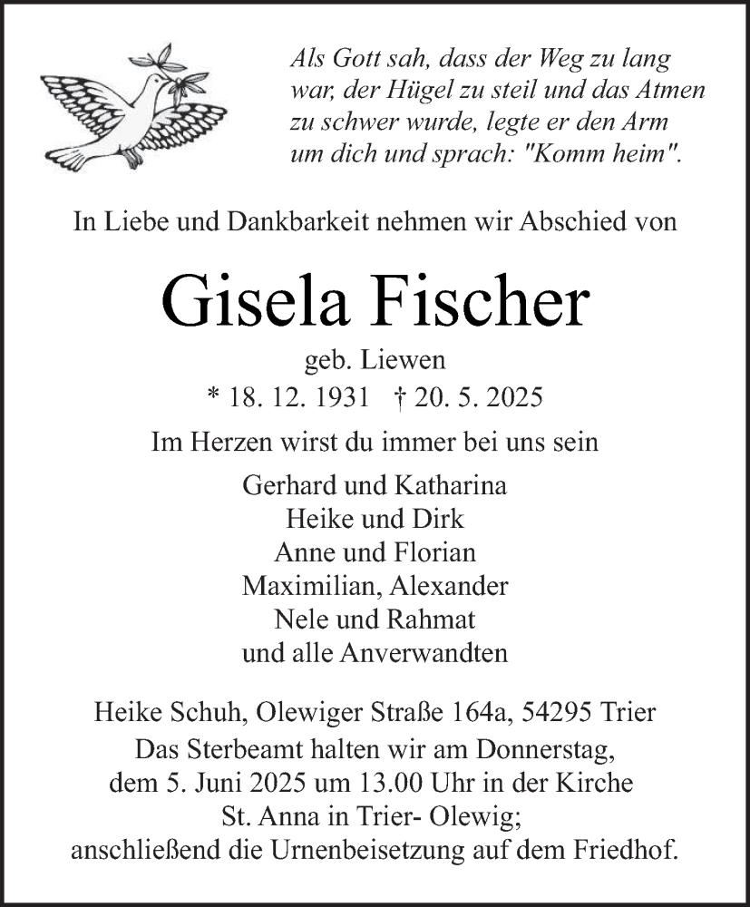  Traueranzeige für Gisela Fischer vom 31.05.2025 aus trierischer_volksfreund