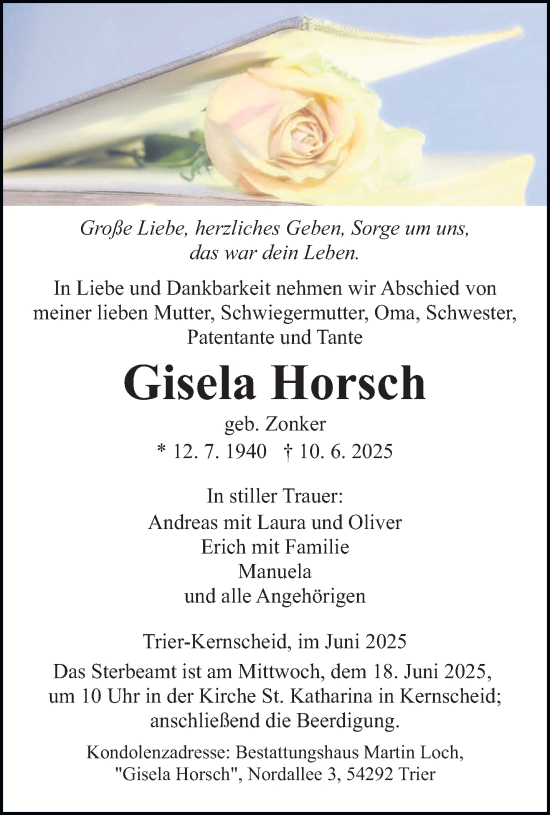 Traueranzeige von Gisela Horsch von trierischer_volksfreund