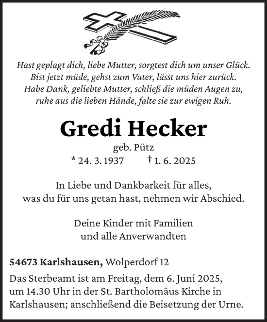 Traueranzeige von Gredi Hecker von trierischer_volksfreund