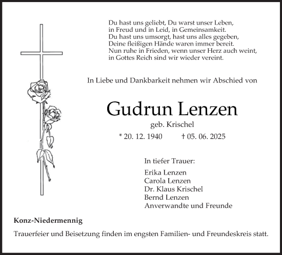 Traueranzeige von Gudrun Lenzen von trierischer_volksfreund