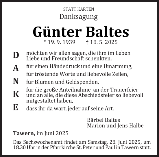 Traueranzeige von Günter Baltes von trierischer_volksfreund