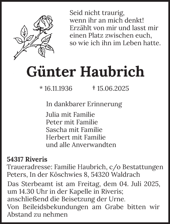 Traueranzeige von Günter Haubrich von trierischer_volksfreund