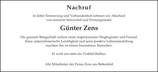 Traueranzeige von Günter Zens von trierischer_volksfreund