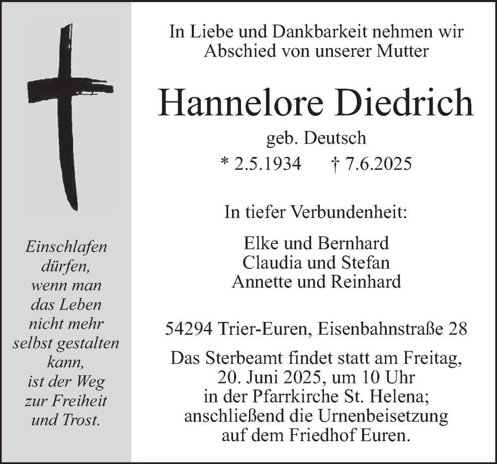 Traueranzeige für Hannelore Diedrich vom 14.06.2025 aus trierischer_volksfreund