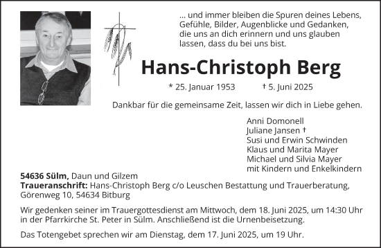 Traueranzeige von Hans-Christoph Berg von trierischer_volksfreund