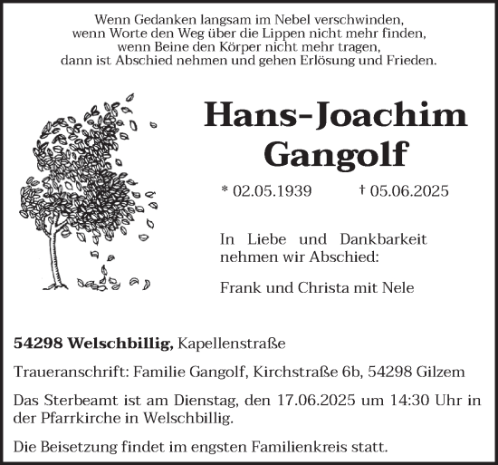 Traueranzeige von Hans-Joachim Gangolf von trierischer_volksfreund