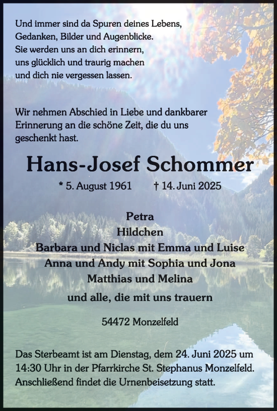 Traueranzeige von Hans-Josef Schommer von trierischer_volksfreund