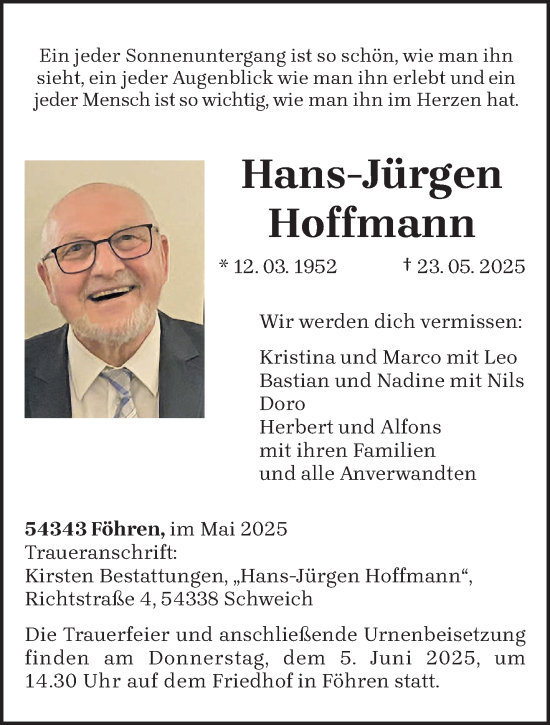 Traueranzeige von Hans-Jürgen Hoffmann von trierischer_volksfreund