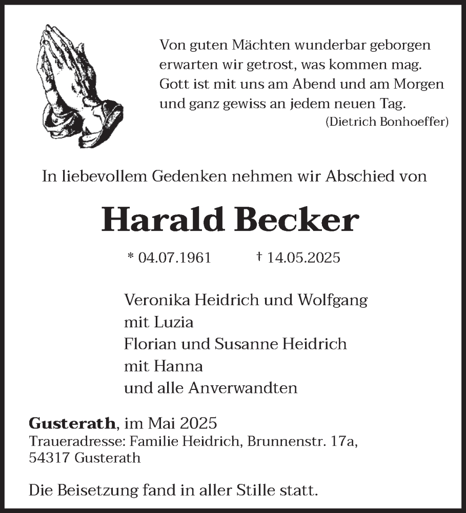  Traueranzeige für Harald Becker vom 31.05.2025 aus trierischer_volksfreund