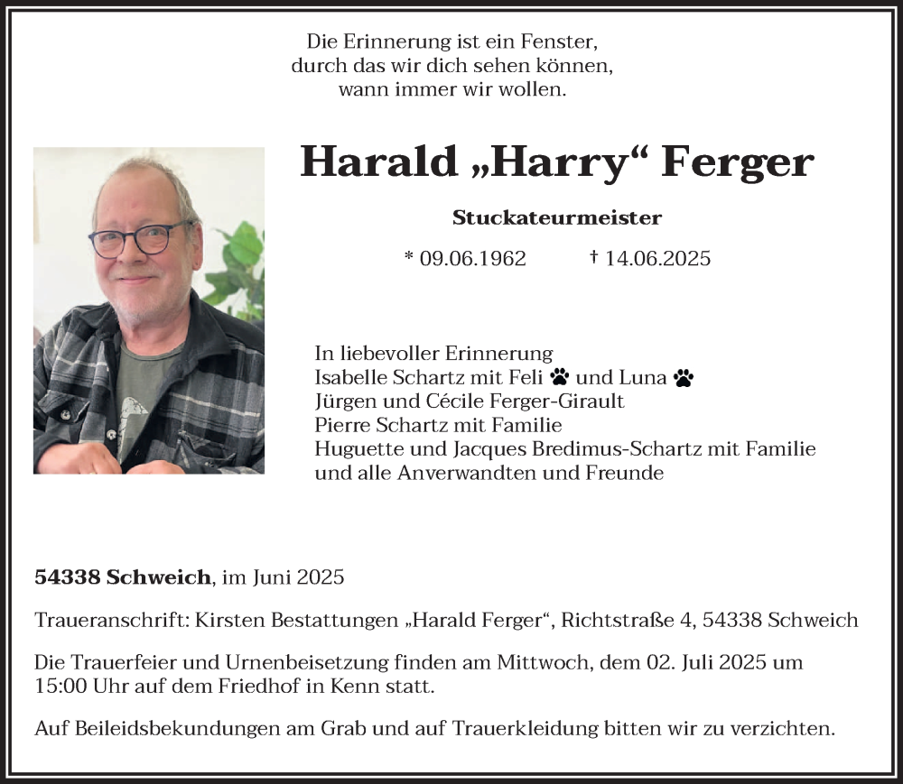  Traueranzeige für Harald Ferger vom 28.06.2025 aus trierischer_volksfreund