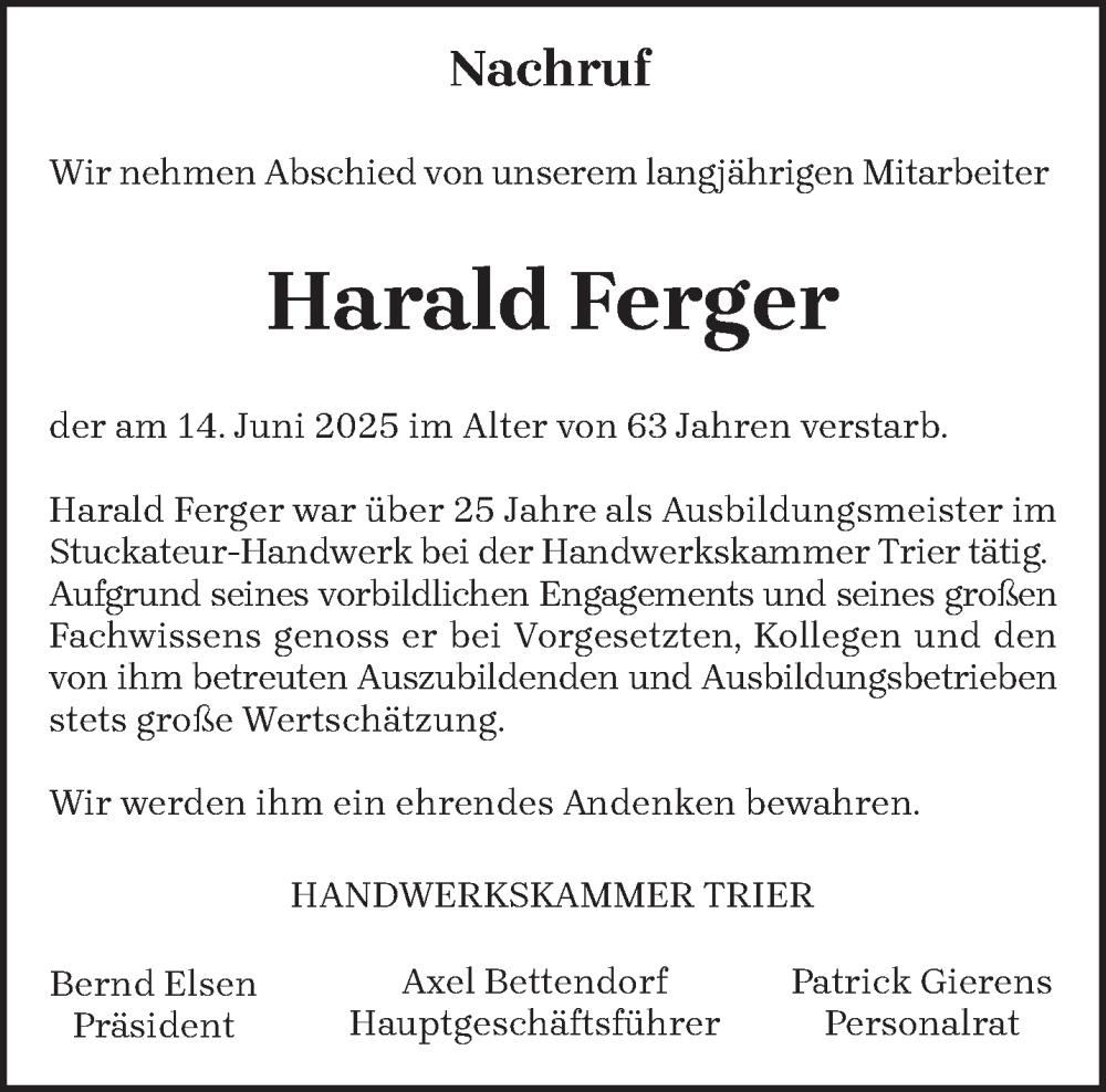  Traueranzeige für Harald Ferger vom 28.06.2025 aus trierischer_volksfreund