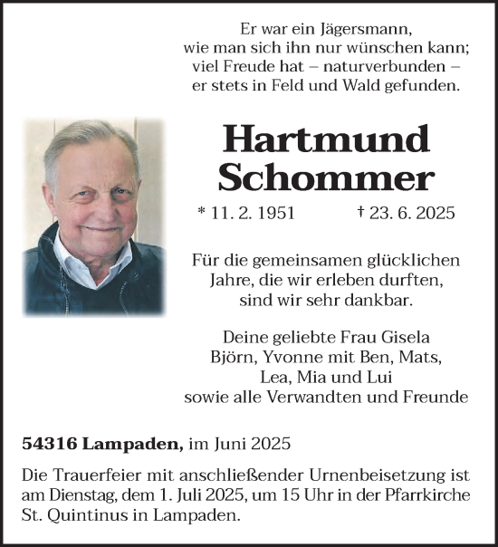 Traueranzeige von Hartmund Schommer von trierischer_volksfreund