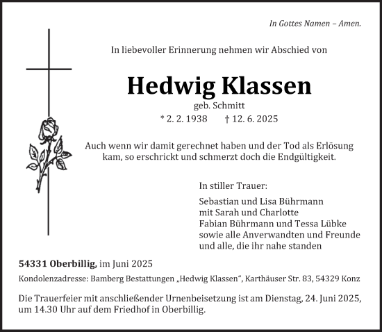 Traueranzeige von Hedwig Klassen von trierischer_volksfreund