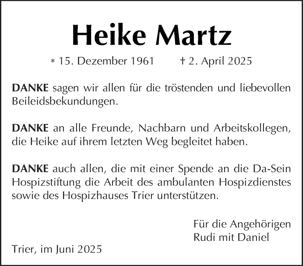  Traueranzeige für Heike Martz vom 18.06.2025 aus trierischer_volksfreund
