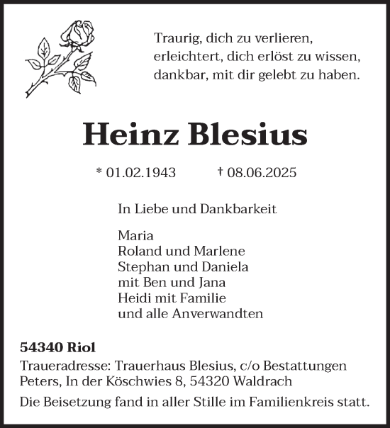 Traueranzeige von Heinz Blesius von trierischer_volksfreund