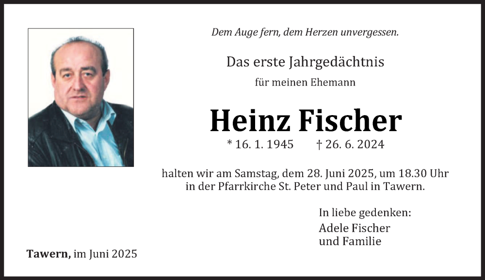  Traueranzeige für Heinz Fischer vom 26.06.2025 aus trierischer_volksfreund