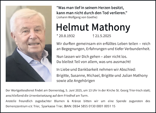 Traueranzeige von Helmut Mathony von trierischer_volksfreund