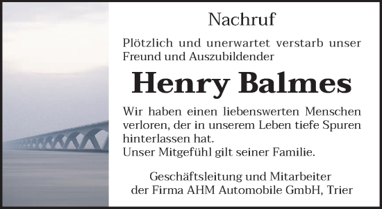 Traueranzeige von Henry Balmes von trierischer_volksfreund