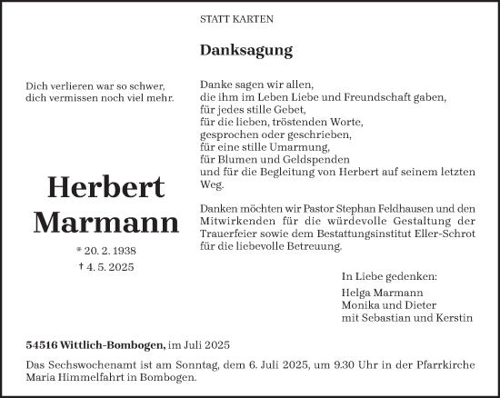 Traueranzeige von Herbert Marmann von trierischer_volksfreund