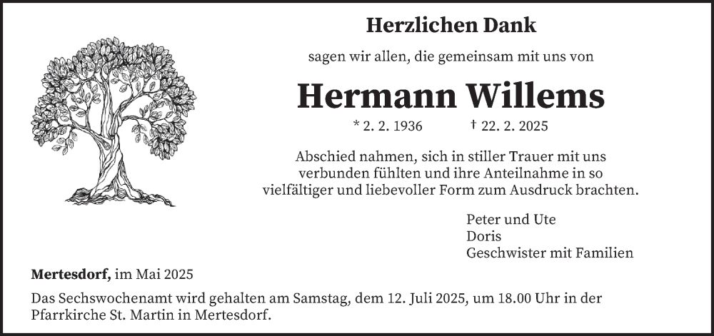  Traueranzeige für Hermann Willems vom 31.05.2025 aus trierischer_volksfreund