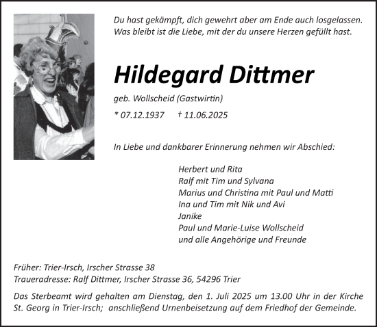 Traueranzeige von Hildegard Dittmer von trierischer_volksfreund