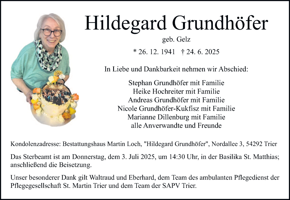  Traueranzeige für Hildegard Grundhöfer vom 28.06.2025 aus trierischer_volksfreund