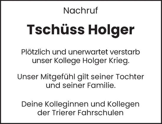 Traueranzeige von Holger Krieg von trierischer_volksfreund